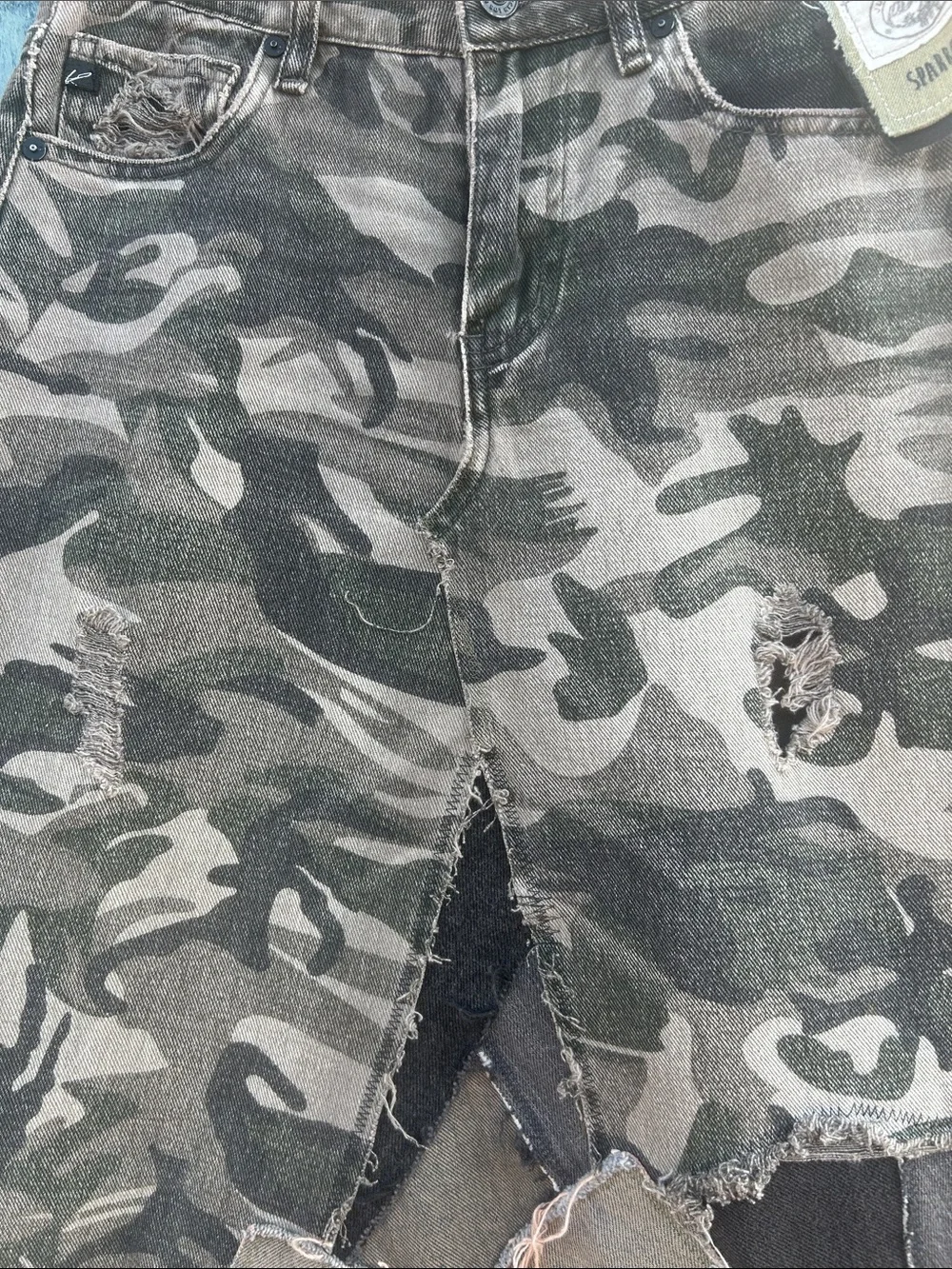 Upcycled KanCan tattered camouflage patched skirt